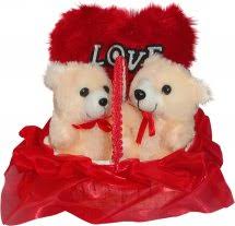 2 Teddies (6 inches each) with valentine heart in same basket