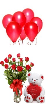 6 Red Air Balloons 10 Red Roses Vase 6 Inches Teddy