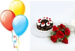 3 Air Balloons 5 Red Roses 1/2 Kg Black forest cake