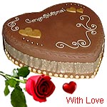 1 Kg Eggless 5-starHeart shaped Chocolate Cake with 1 red rose