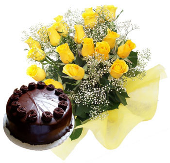 1 Kg Cake and 12 yellow roses bunch