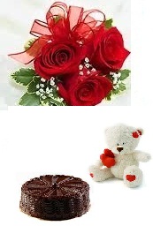 6 red roses bouquet with Teddy and 1/2 Kg black forest Cake