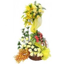 20 yellow carnations 6 red carnations 6 Yellow lilies in 2 tier basket