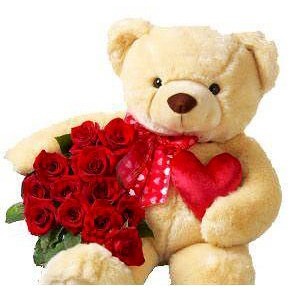 2 Feet brown teddy with heart and 6 red roses Bunch