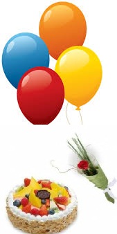 4 coloured Air Balloons 1 Red Rose 1/2 Kg Fruit Cake