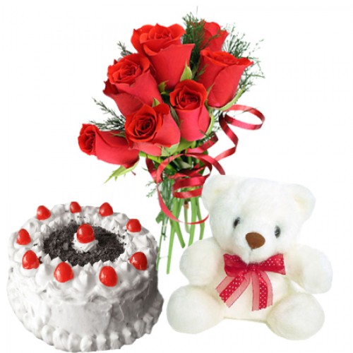 Teddy Bears (6 inches ) and 6 red Roses and Half Kg cake