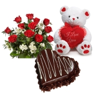 6 inches Teddy with heart and 1 Kg heart chocolate cake 10 red roses