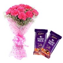 12 Pink Carnation bouquet with 2 Cadburys Silk