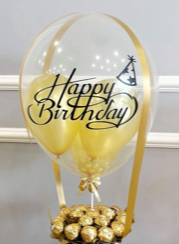 Happy Birthday Printed on Transparent Balloon stuffed with 3 balloons Tied with ribbons to a basket containing 16 Ferrero rocher chocolates