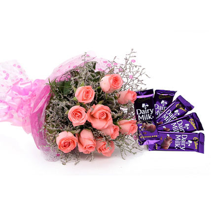 4 Cadburys Silk with 6 Red roses in a bouquet