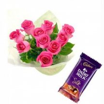 6 Pink Roses bouquet with 1 Cadburys Silk