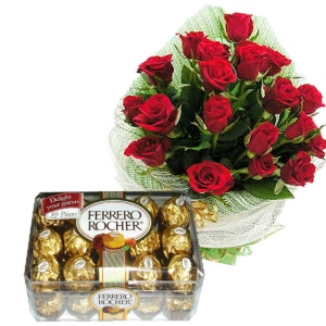 24 red roses Basket and 16 Ferrero Rocher Chocolates Box
