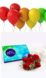 6 Air inflated Balloons Celebration Box and 5 Red Roses