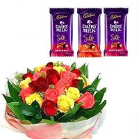 3 Silk Chocolates with a dozen assorted roses bouquet
