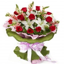 White Lilies and red roses basket