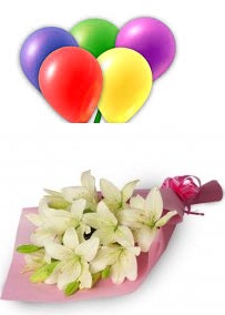 5 Air Inflated balloons with 4 White lilies hand Tied