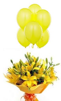5 Air Inflated Yellow balloons with 6 Yellow Lilies hand Tied in Yellow Wrapping