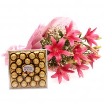 Box of 24 Ferrero rochers and 6 Pink Lilies bouquet
