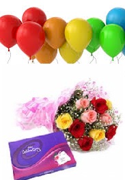 6 Air inflated Balloons Celebration Box and 5 Mix Roses