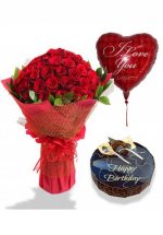 1/2 Kg Chocolate Cake with 3 Air filled heart balloons and 24 red roses bouquet