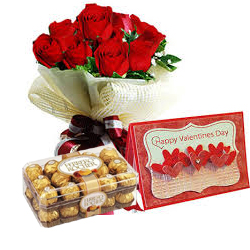 Box of 16 pieces Ferrero Rocher Chocolates with Card and 12 Red roses bouquet
