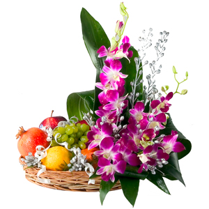 Orchids Arrangement in a Basket along with fruits