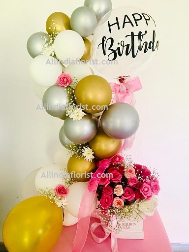 30 White Silver Gold Balloons Air filled with happy birthday printed balloon 12 roses