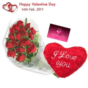12 red roses bouquet with Card and I LOVE YOU Valentine heart 6 inches