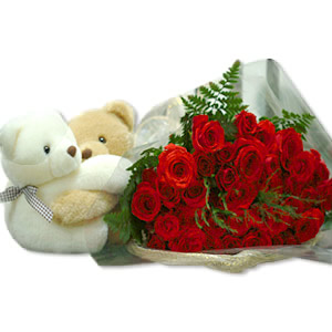 2 Teddies (NOT HUGGING) with 12 red roses Bunch