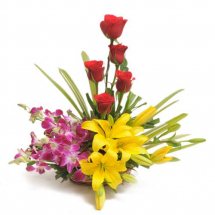 6 orchids 4 yellow lilies 5 red roses basket