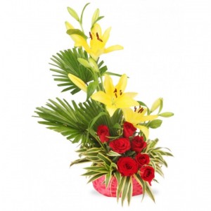 Yellow Lilies and red roses basket