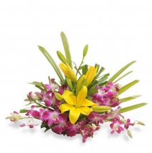 Basket of 6 Purple orchids 3 Yellow lilies