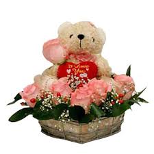 Teddy Bear (6 inches ) and 6 pink Roses in basket