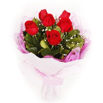 8 red roses bouquet with tinsel