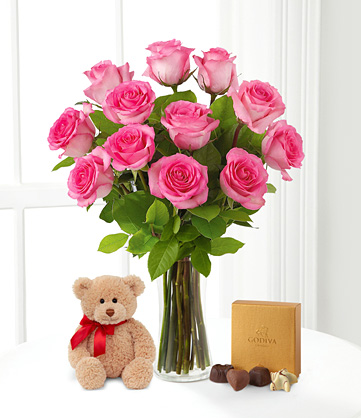 12 Pink roses vase+Pink teddy+ Heart shaped chocolates
