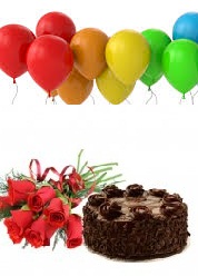 10 Air Balloons 1/2 Kg Chocolate Cake 6 Red Roses