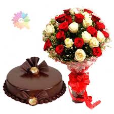 MIDNIGHT 1/2 Kg Cake and 24 red and white roses bunch