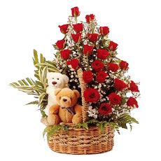 2 Teddy Bears with 24 red Roses in same basket