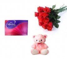 Teddy with Ten Roses and Chocolates