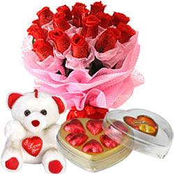 Teddy Bear and 6 Red Roses with Heart Chocolates
