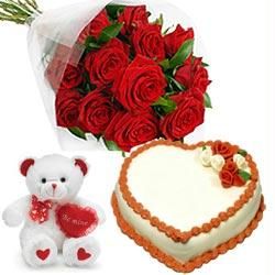 6 inches Teddy with heart and 1 Kg heart butterscotch cake 10 red roses