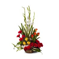 Basket of 10 red carnations 6 White gladiolii 6 yellow roses
